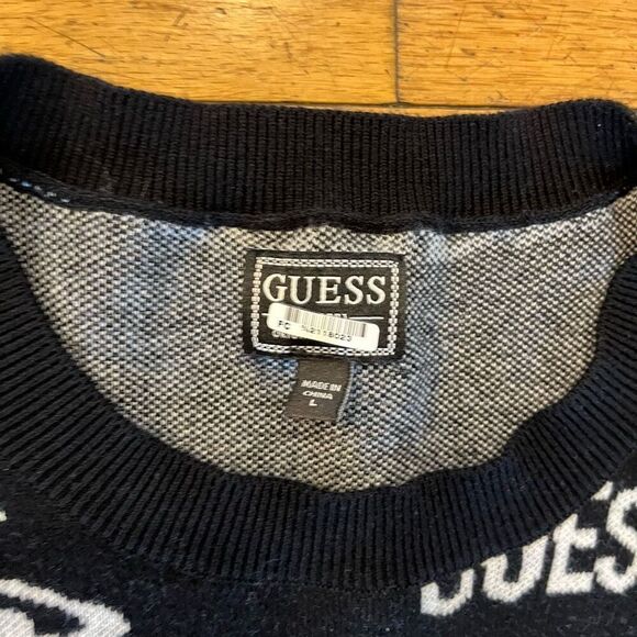 Guess Men's Sweatshirt Black White Large Allover Logo Print Long Sleeve Pullover - Picture 4 of 8